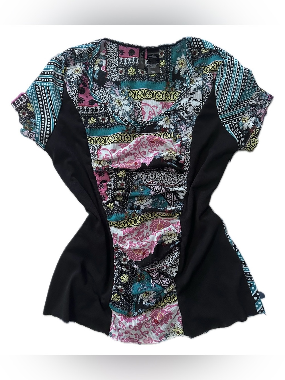 Bisou Bisou multicoloured patchwork top with ruffle details layered mesh.